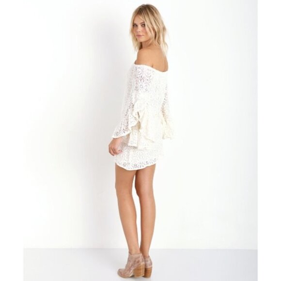 Jen’s Pirate Booty Pink French Lace Bell Sleeve Off Shoulder Mini Dress | Boho S - Picture 8 of 16